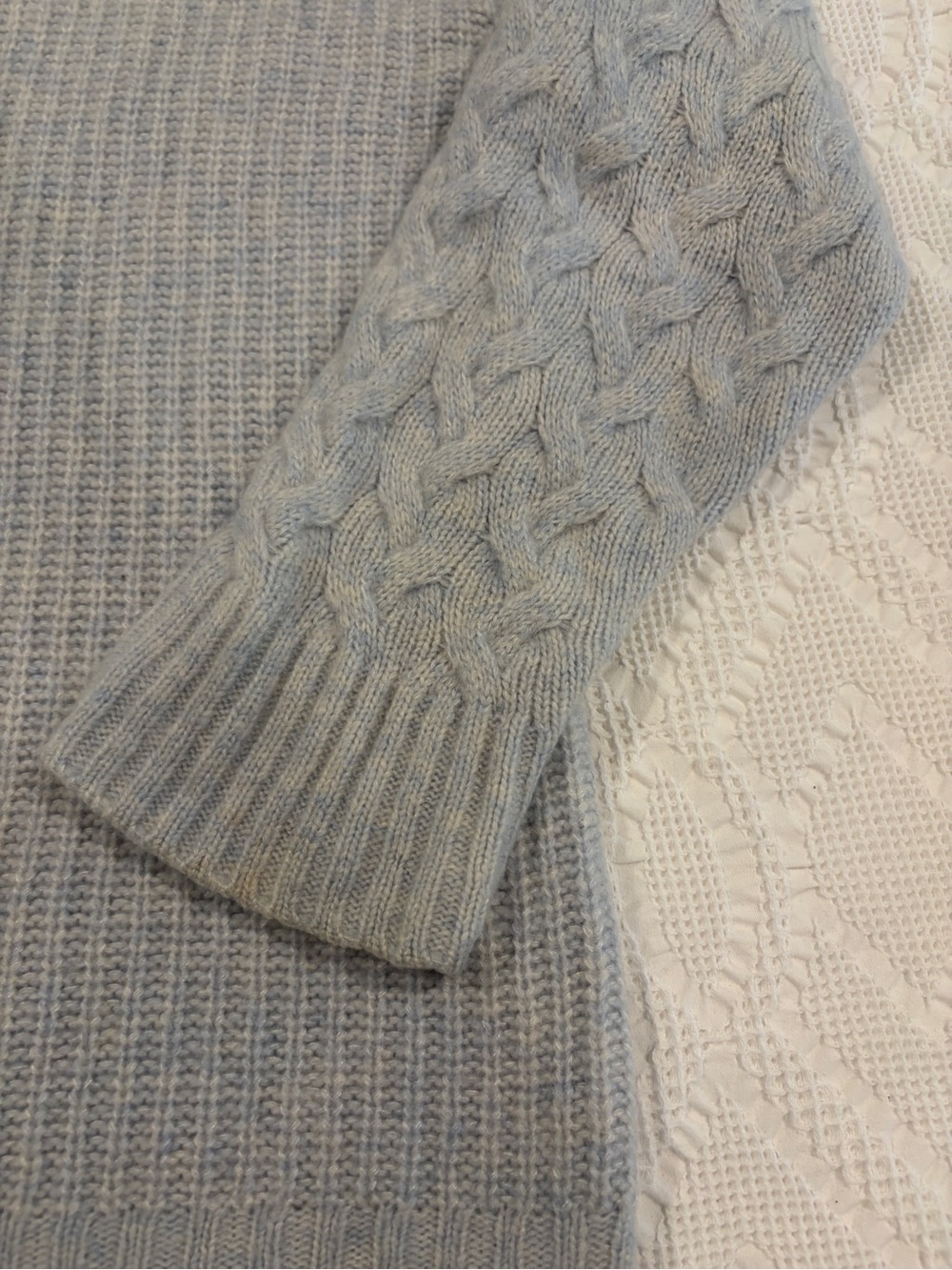 Nordstrom Light Blue Cashmere Silk Cable-Sleeve Mock Neck Sweater - Picture 6 of 7